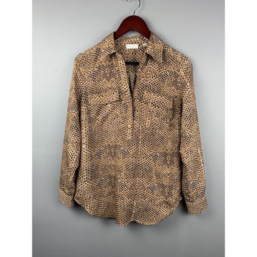 New York & Co Top Womens Small Sheer Long Sleeve Blouse Brown Snakeskin
